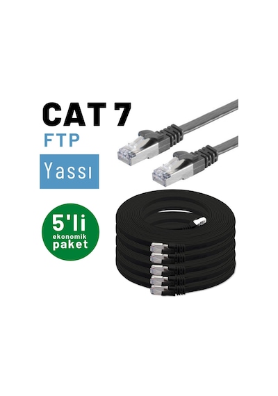 5 adet IRENIS CAT7 Kablo Yassı FTP LAN Kablosu, 50 cm Siyah