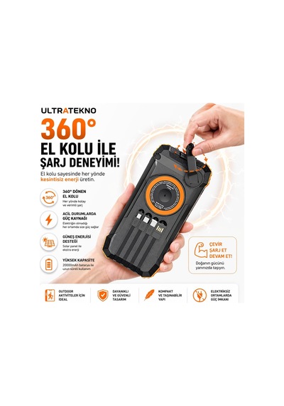 Fc-20 Solar Powerbank 20000 Mah, 22.5w Pd Hızlı Şarj, Kablosuz Şarj, El Kranklı Şarj, Led Fener, Pusula, Çoklu Kablolu Taşınabilir Güç Bankası