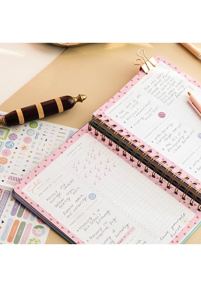 2026 A5 Spiralli Renkli Haftalık Ajanda 12 Aylık Motivasyon Sayfalı Ayıcık Açık Gri