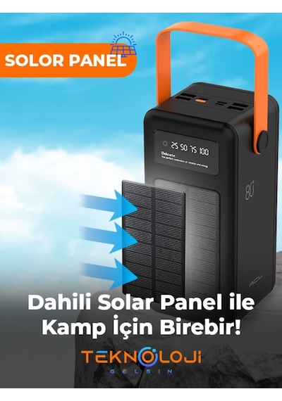 Güneş Enerjili Solar Powerbank 80.000 Mah Dijital Göstergeli El Fenerli 4 Çıkış Taşınabilir Batarya Siyah