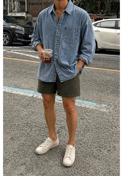 Erkek Oversize Denim Gömlek Yıkamalı Kot Gömlek Tek Cep Rahat Kalıp Mavi