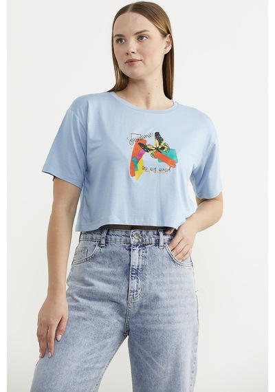 Oversize Baskılı Crop Tişört - Mavi Çok Renkli