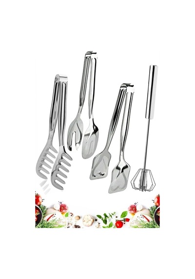 4 Parça Çelik Makarna Maşası, Salata Maşası, Pasta Maşası, Otomatik Çırpıcı Seti Mutfak Seti Gri