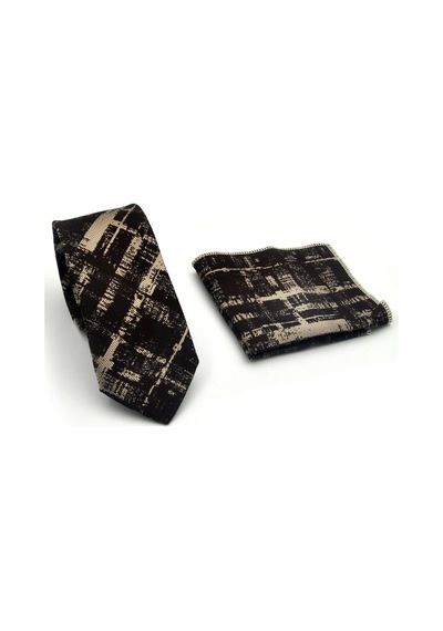 Gaffy Bej Desenli Kahverengi Dokuma Kumaş Mendilli Slim Fit Kravat // Sdk-2601-5 Kahverengi