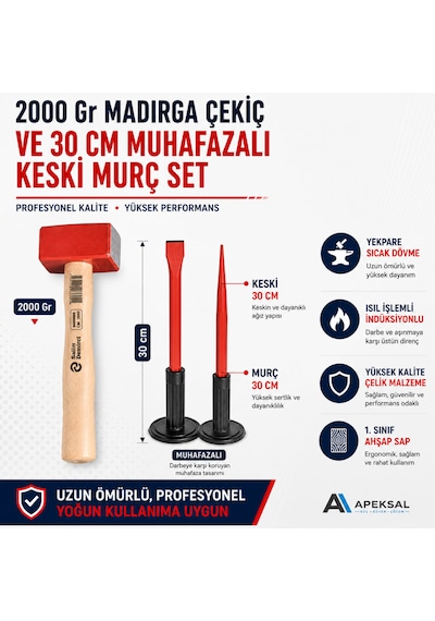 Sait Demirci 2000 Gr Madırga Çekiç 30 Cm Muhafazalı Keski Ve Murç Seti