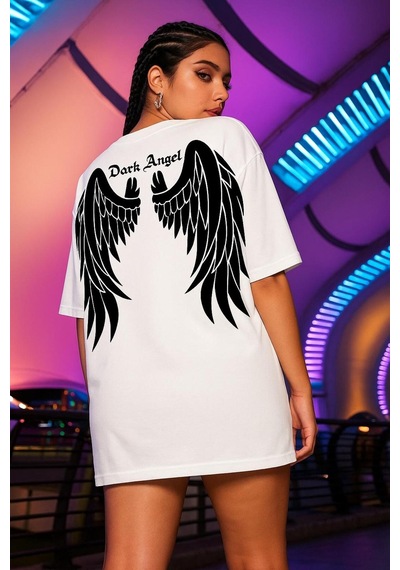 Dark Angel Baskılı Oversize Beyaz T-shirt BEYAZ