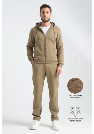 Shooter Sportswear Shooter Erkek Kışlık Eşofman Takımı Thermosoft Teknolojisi İçi Kuzu Görünümlü Regular Kalıp Minimal Logo Kapüşonlu Haki