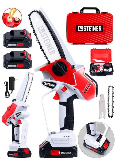 Steiner 21v Kömürsüz Motor Metal Dişli Çift Akülü Şarjlı Ağaç Odun Dal Budama El Testeresi Kırmızı