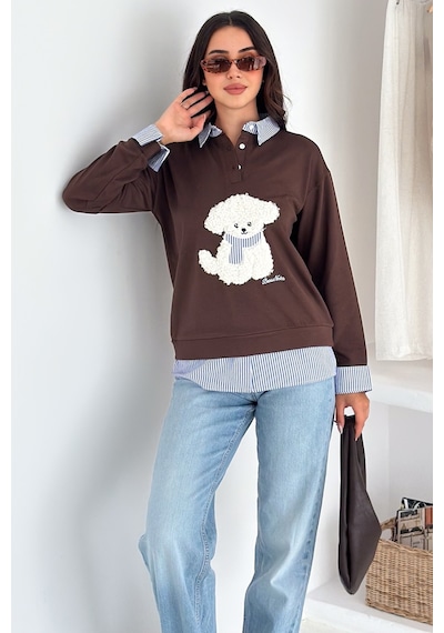 Kadın Nakış Peluş Ayıcık Figürlü Sweatshirt Eğlenceli & Şehirli Stil Kahverengi