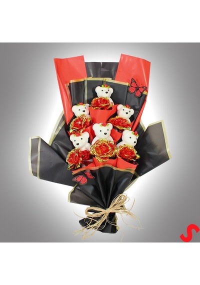 Sonsuzluk Güllü Ve Strafor Ayıcıklı Buket, 60cm X 40cm - Kırmızı 0-99
