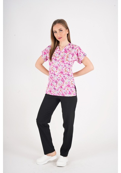 Unisex Pembe Prenses Desenli Likralı Scrubs Hemşire Doktor Hastane Üniforma Takımı Pembe