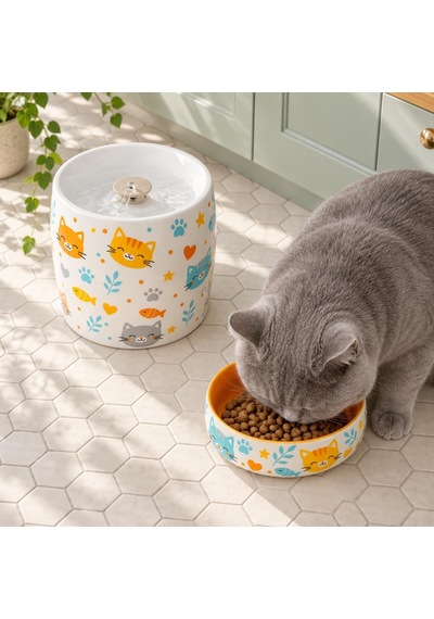 Kedi Porselen Su Pınarı Ve Mama Kabı 2'li Set Otomatik Filtreli Pompalı Seramik Su Sebili, 1.3 L, 600 Ml Kase, Led Işıklı, Sari-kedi