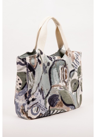 Fabric Craft Bag El Çanta Keten Desenli Yeşil Yeşil - Beyaz