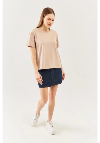 Kadın Rahat %100 Pamuklu Penye Bisiklet Yaka Kısa Kol Basic T-shirt Sütlü Kahve