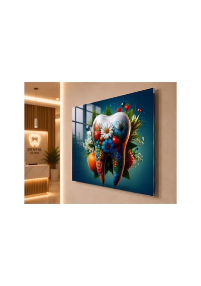 Diş Anatomisi Çiçek Temalı 4 Mm Temperli Cam Tablo Diş Kliniği Dekoratif Uv Baskı Dental Duvar Tablosu