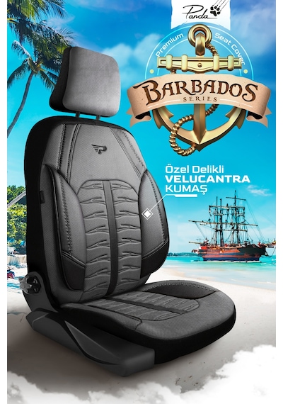 Füme - Siyah Panda Barbados Serisi Alkantra Kumaş Oto Koltuk Kılıfı - Tam Set