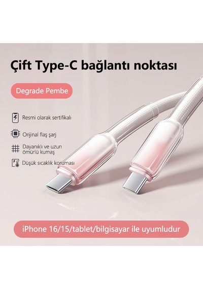 Buz Kristal Dokuma 65w Cep Telefonu Veri Kablosu Hızlı Şarj Kablosu 1 Metre Type C Bağlantılı 16 Ve Üzeri Sürümlerle dur Pembe 1 Adet Type-c - Type-c 1m Apple Uyumlu iPhone 16 İle dur