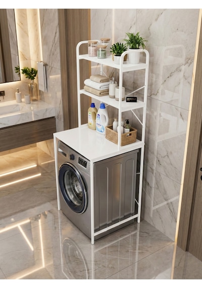 Çamaşır Makinesi Dolabı 2 Katlı Geniş Depolama Raf Ünitesi Metal Banyo Organizer Standı 260 Beyaz Çok Renkli
