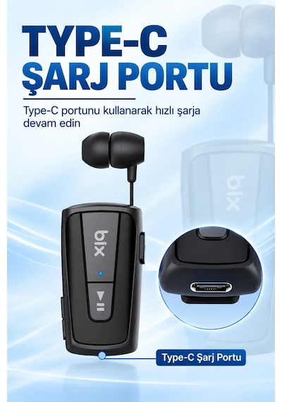 Exenar - Siyah - Makaralı Bluetooth Kulaklık Titreşimli Yaka Klipsli Tekli Şoför Kulaklığı Çift Telefon Bağlantılı