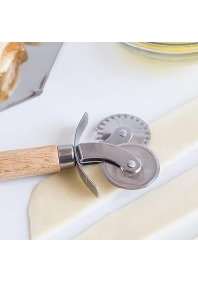Pizza Ve Hamur Kesici Ahşap Saplı Çift Bıçaklı Paslanmaz Çelik, Düz Ve Tırtıklı Bıçaklı Dilimleyici Diğer