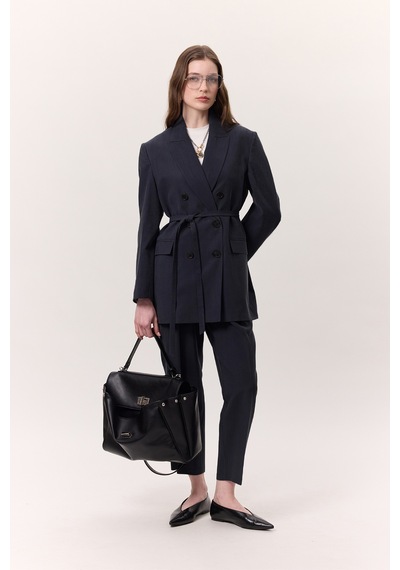 Manuka Tencel Kemerli Kruvaze Blazer Ceket İndigo Indigo