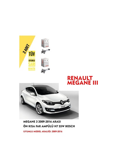Megane 3 2009-2016 Arası Ön Kısa Far Ampülü 2 Adet Sarı Renk
