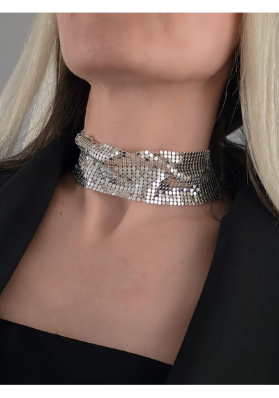 Arpa Pul Payet Zırh Metal Geniş Model Gümüş Choker Kolye Silver Çok Renkli