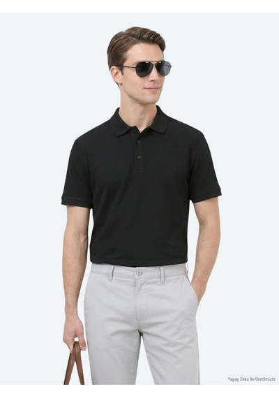 Kip Siyah Düz Polo Yaka %100 Pamuk T-shirt siyah black