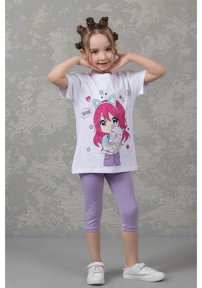 Dmb Kids Lila Desenli Kız Çocuk Taytlı Kısa Kollu Takım Lila