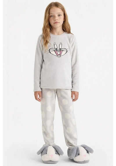 Defacto Kız Çocuk Looney Tunes Pijama Takımı Nakışlı Pelüş Uzun Kollu Üst Uzun Alt D1069a825wngr294 Gri