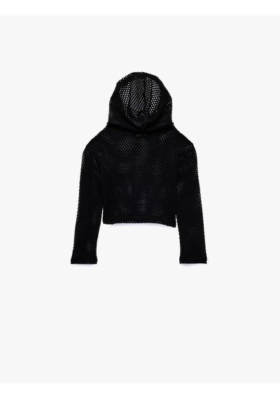 Koton Regular Fit Uzun Kollu Kapşonlu File Sweatshirt Siyah 7wkg10664ak
