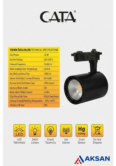 Ct-5334 Babil Cob Led Ray Spot Lamba 30w Günışığı Siyah Monofaze Uyumlu Raysız Diğer