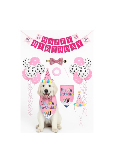 Köpek Kedi Doğum Günü Seti Bandana Şapka Afiş Parti Dekorasyonu, Şapyon Tasma Aksesuarı, Erkek Pembe
