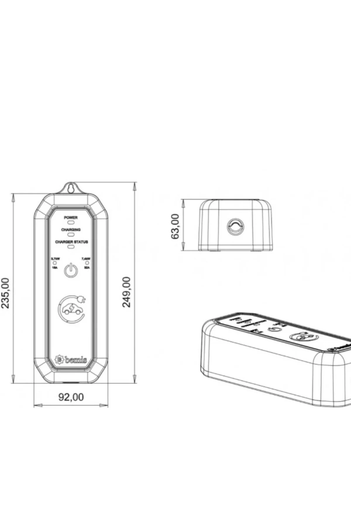 2,3 - 3,7 Kw Mini Mobil Araç Şarj Cihazı Aleti 5 Metre 16a/3.5kw