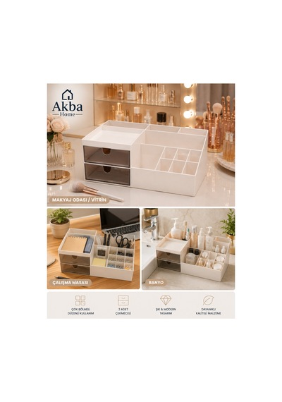 2 Çekmeceli Çok Bölmeli Masaüstü Organizer Makyaj Takı Kozmetik Kalem Düzenleyici 24,5x12x9 Cm Bej