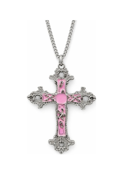 Pembe Detaylı Gotik Haç Kolye Gümüş Renk Zincir Unisex Çok renkli