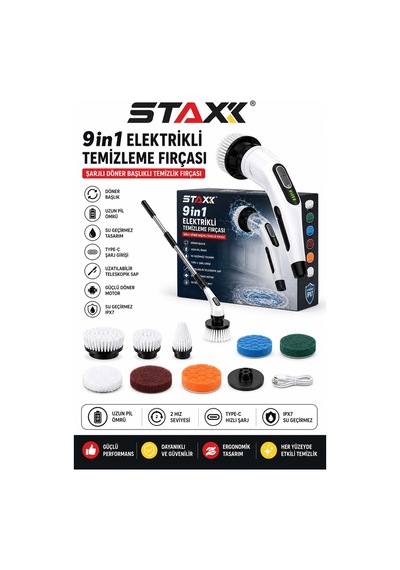 Staxx St9ınay Şarjlı Ve Elektrikli Temizlik Fırçası Turbo Dönüş Teknolojisi Ipx7 Su Geçirmez