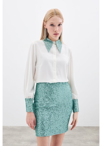 Sateen Payet Detaylı Gömlek - Ekru-mint-135659 Ekru-mint Ekru - Mint