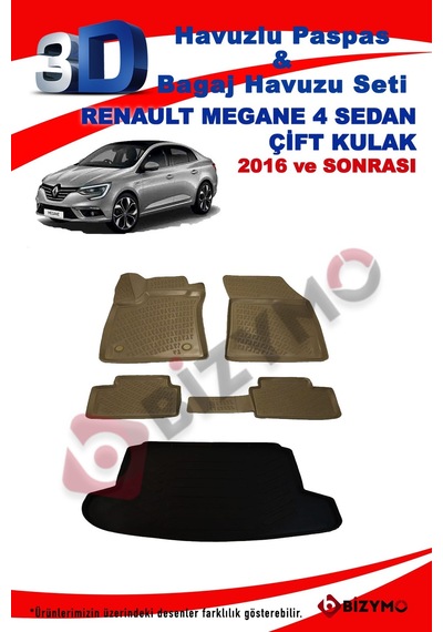 Renault Megane 4 Sedan Çift Kulak Bej Havuzlu Paspas + Bagaj Seti Bej