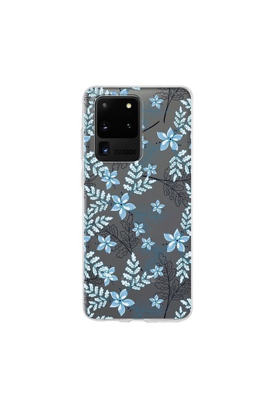 Samsung Galaxy Uyumlu S20 Ultra Kapak Floral Mavi Tasarımlı Şeffaf Silikon Kılıf
