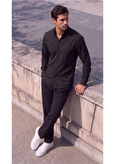 Butik İstanbul Erkek Standart Kesim Gabardin Kumaş Uzun Kollu Gömlek Siyah