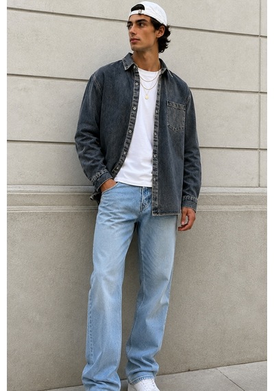 Cool Tarz Erkek Regular Denim Gömlek Yıkamalı Kot Uzun Kollu Cepli Jean Gömlek Yeşil Yeşil