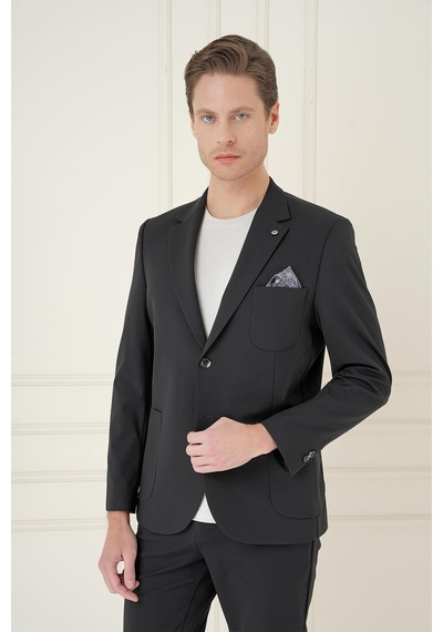 Efor Slim Fit Mono Yaka Çift Yırtmaç Torba Cep Casual Siyah Ceket C 697 Siyah