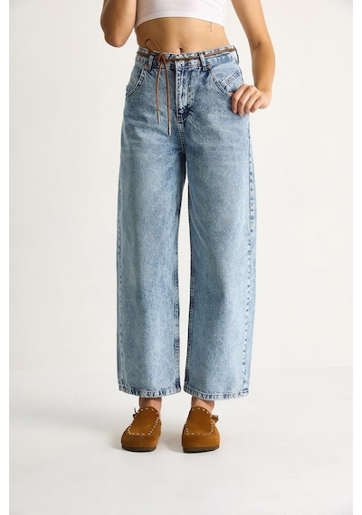 Shade Kadın Geniş Paça Yüksek Bel Deri İp Kemerli Denim Pantolon 5288 60284109 - Kar Yıkama