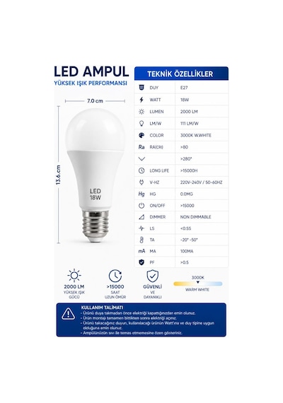 Şahnet 18w E27 Led Ampul 3000k Sarı Işık 3 Adet Yüksek Aydınlatma Led Lamba