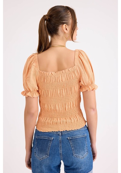 Vitrin Kare Yaka Viskon Keten Crop Bluz Kayısı