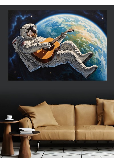 Uzayda Gitar Çalan Astronot Ve Dünya Dekoratif Kanvas - Mdf Ahşap Tablo