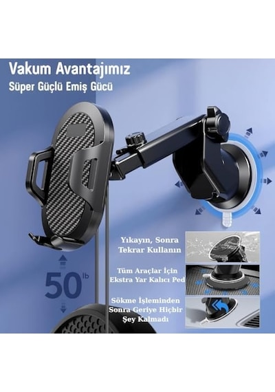 Araç Telefon Tutucu 360 Dönebilir Vantuzlu, Şok Emici, Tek Tuşla Sabitleme, Ultra Güçlü Vakum, 4.7 7 Telefonlar İçin Uyumlu