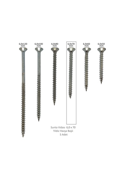 Sunta Vidası, 6,0 X 70 Mm, 5 Adet, Yhb Vida 6 x 70