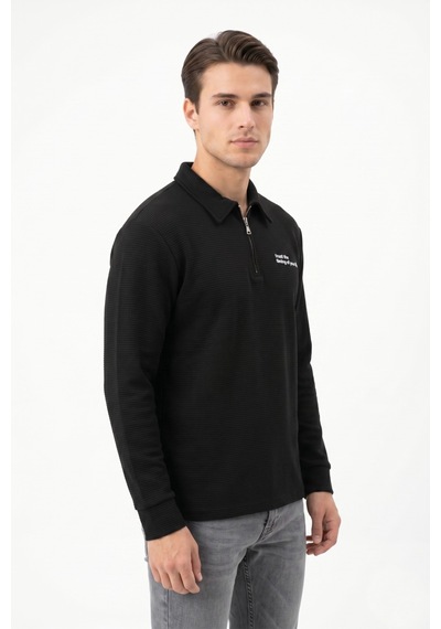 Opınıon Erkek Spor Polo Yaka Petek Dokulu Sweatshırt Bgl-st05442 Siyah
